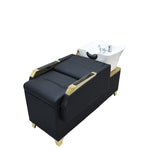 Load image into Gallery viewer, Black Gold Electric Shampoo Chair – Modern Hair Washing Station with Ceramic Bowl