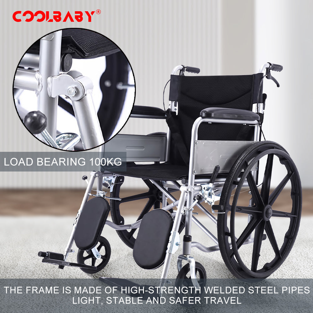 COOLBABY SSZ-LY03 thickened steel pipe elderly wheelchair foldable lightweight disabled wheelchair with armrests adjustable legs - coolbabymalls