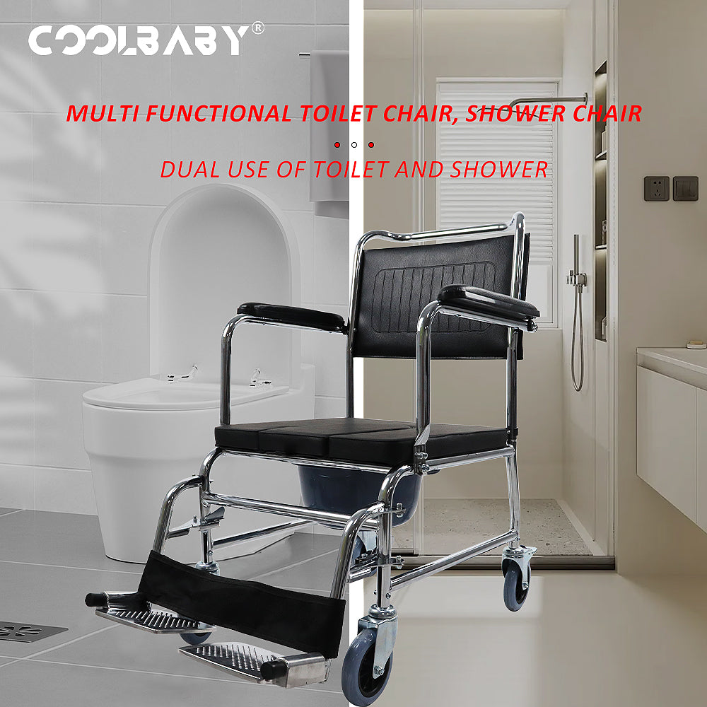 COOLBABY  SSZ1004  Bedside Toilet Chair 4-in-1 Shower Toilet Wheelchair Rolling Transport Chair The Armrest Can Be Lifted