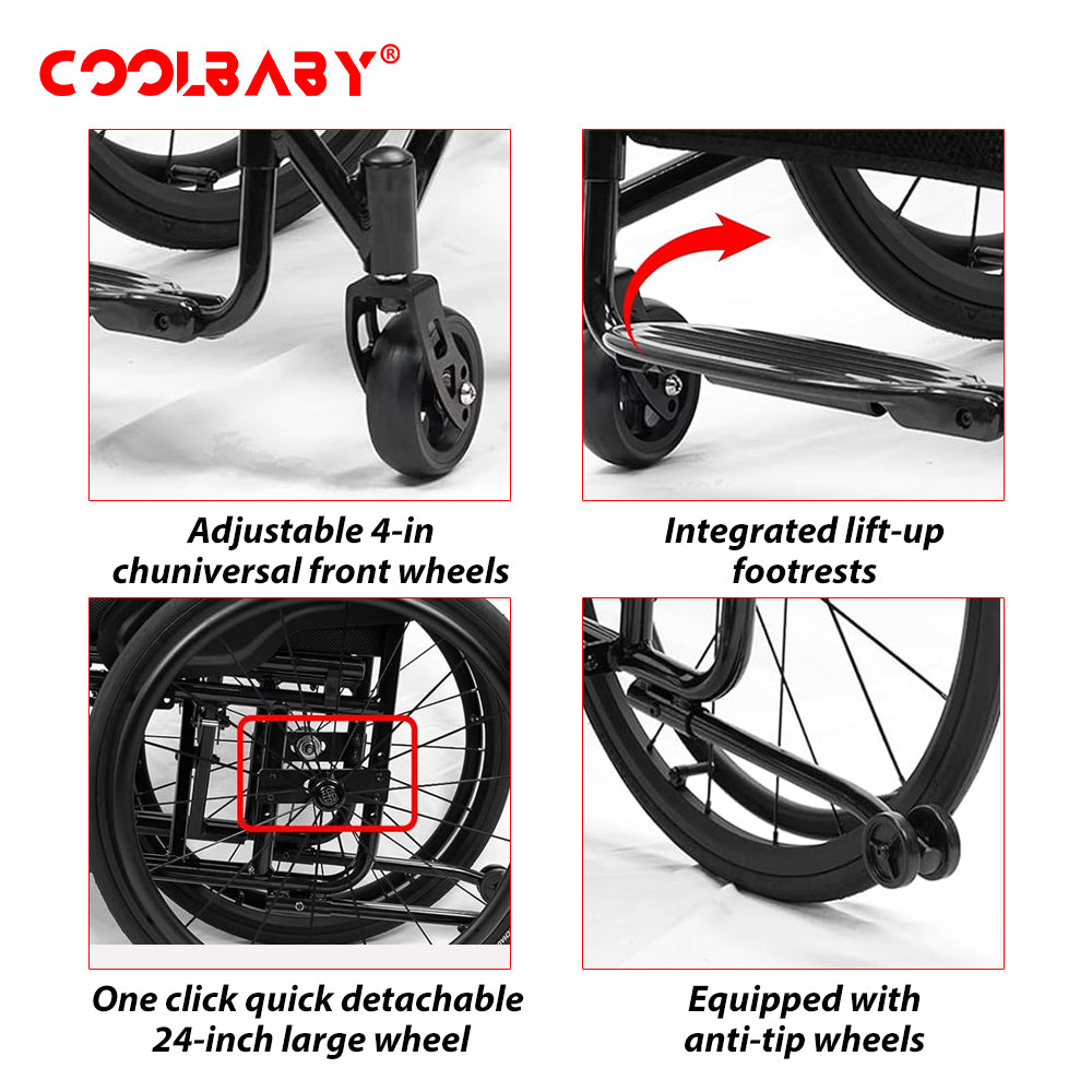 Foldable Aluminum Lightweight Wheelchair, Folding Sports Wheelchair, All-Terrain Ultra Lightweight Wheelchair,Wheelchairs for Adults,Anti-Tip Wheels(Seat Width 44cm)