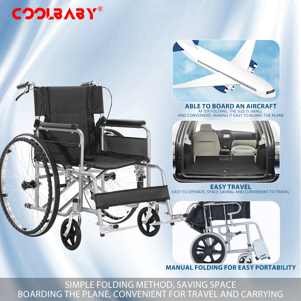 COOLBABY QBLY03 Portable Wheelchair Standard Manual wheelchairs Small Simple Folding Light Ultra Light Travel for The Elderly Trolley - coolbabymalls