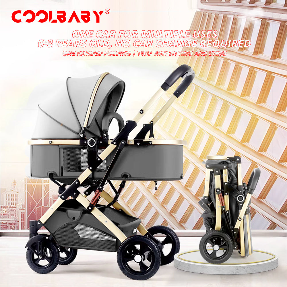 COOLBABY Baby Stroller with Canopy, Baby Bassinet Stroller, Infant Stroller with Reversible Seat with Rubber Wheel and Good Shock absorption (Gray) - COOLBABY