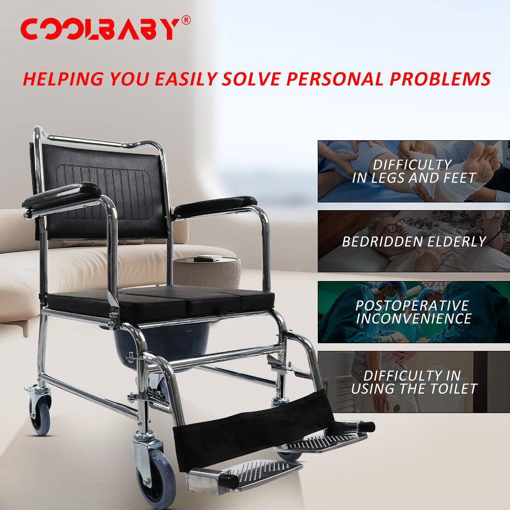 COOLBABY  SSZ1004  Bedside Toilet Chair 4-in-1 Shower Toilet Wheelchair Rolling Transport Chair The Armrest Can Be Lifted