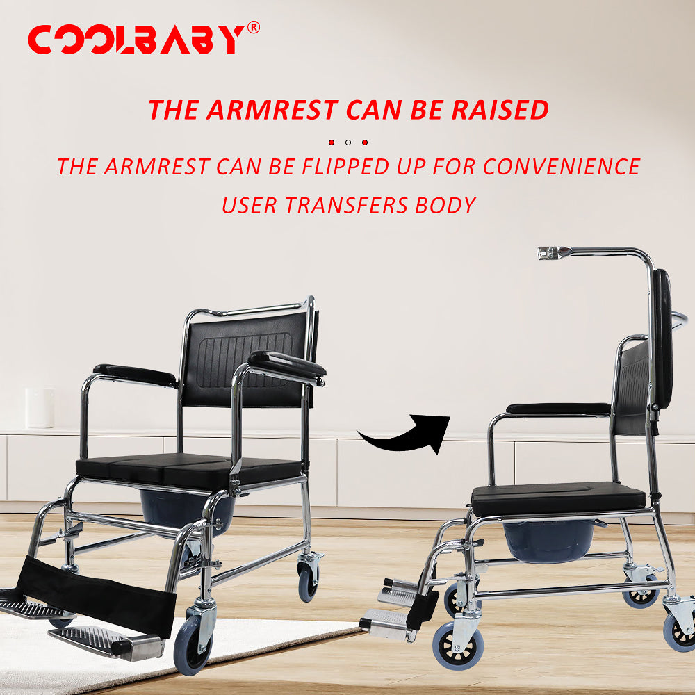 COOLBABY  SSZ1004  Bedside Toilet Chair 4-in-1 Shower Toilet Wheelchair Rolling Transport Chair The Armrest Can Be Lifted