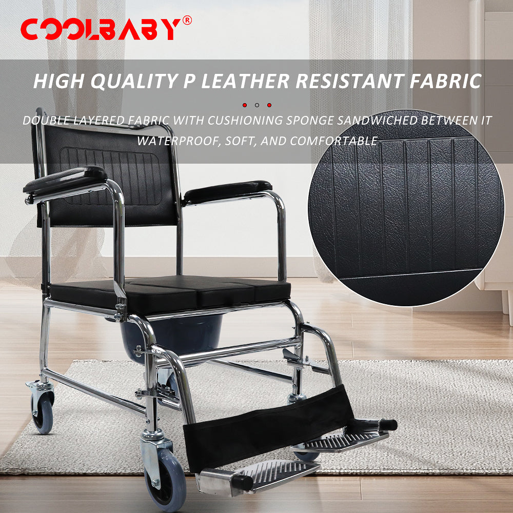 COOLBABY  SSZ1004  Bedside Toilet Chair 4-in-1 Shower Toilet Wheelchair Rolling Transport Chair The Armrest Can Be Lifted