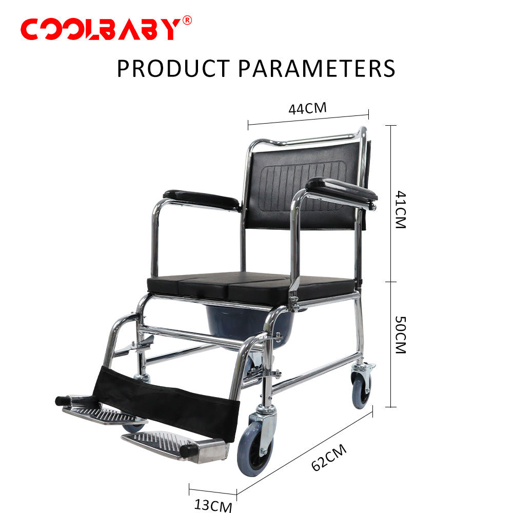 COOLBABY  SSZ1004  Bedside Toilet Chair 4-in-1 Shower Toilet Wheelchair Rolling Transport Chair The Armrest Can Be Lifted