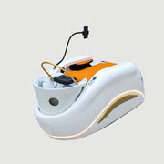 Modern pod with orange interior on a gray floor, Shunlong logo visible