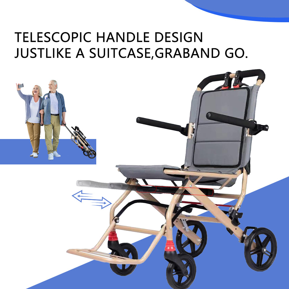 Ultralight Transport Wheelchair Folding Portable Boarding Travelling Wheelchair with Telescopic Handle Trolleys for Elderly Aircraft Travel - coolbabymalls