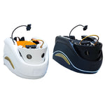 Load image into Gallery viewer, Two massage chairs, one white and one black with gold accents, on a marble floor.
