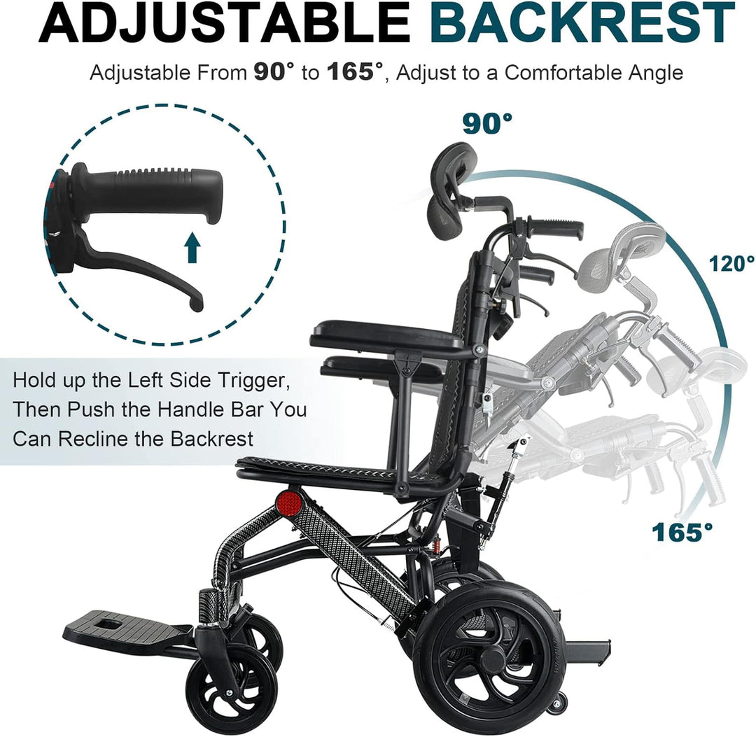 Super Lightweight Reclining Travel Wheelchair, Folding Transit Transport Wheelchairs for Adults and Seniors Support 220lbs, Lightweight Aluminum Wheelchair for Elderly