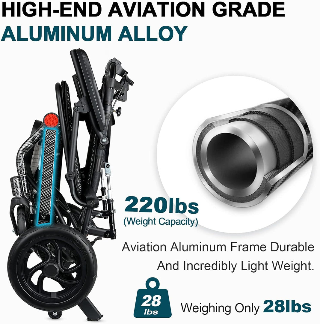 Super Lightweight Reclining Travel Wheelchair, Folding Transit Transport Wheelchairs for Adults and Seniors Support 220lbs, Lightweight Aluminum Wheelchair for Elderly
