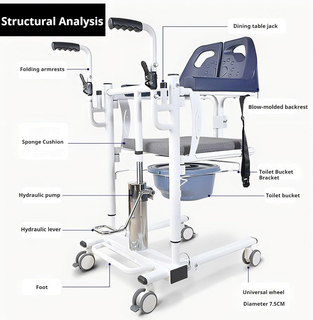 COOLBABY Hydraulic Patient Lift Transfer Chair for Elderly & Disabled, Adjustable Height, Soft & Toilet Seat, Front/Rear Caster Brakes, Shower & Bathroom Wheelchair, 150kg Load Capacity