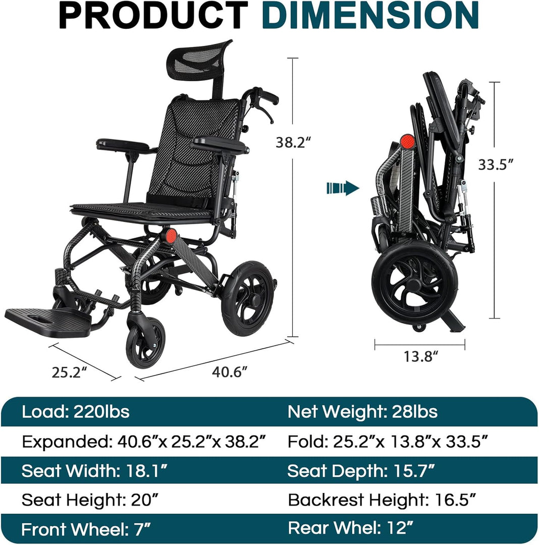 Super Lightweight Reclining Travel Wheelchair, Folding Transit Transport Wheelchairs for Adults and Seniors Support 220lbs, Lightweight Aluminum Wheelchair for Elderly