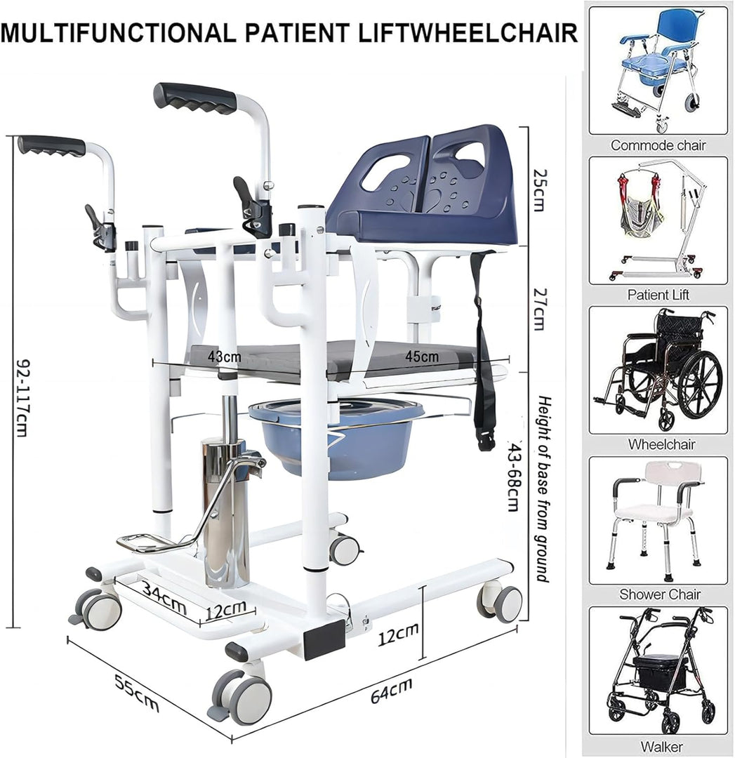 COOLBABY Hydraulic Patient Lift Transfer Chair for Elderly & Disabled, Adjustable Height, Soft & Toilet Seat, Front/Rear Caster Brakes, Shower & Bathroom Wheelchair, 150kg Load Capacity