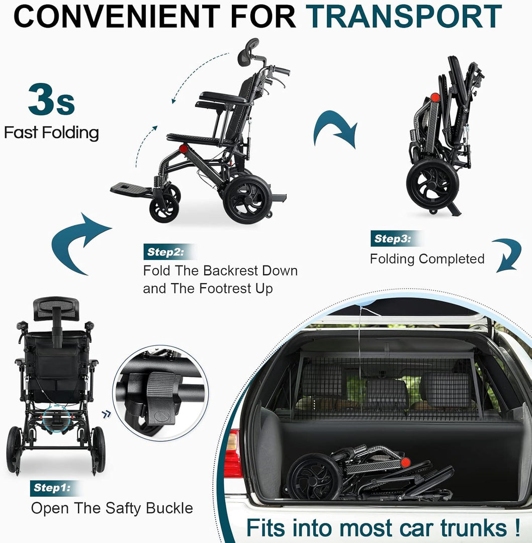 Super Lightweight Reclining Travel Wheelchair, Folding Transit Transport Wheelchairs for Adults and Seniors Support 220lbs, Lightweight Aluminum Wheelchair for Elderly