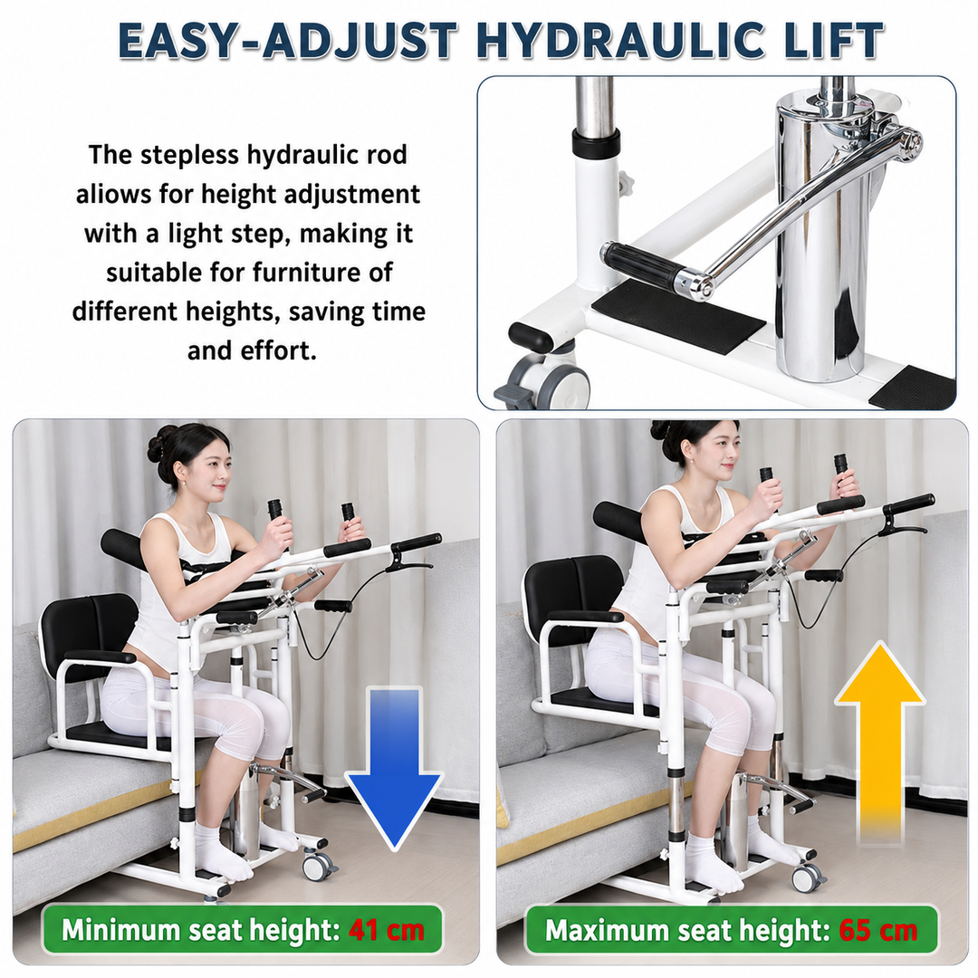 5-in-1 Hydraulic Patient Lifter, Portable Nursing Wheelchair with 180° Split Seat, Adjustable Height, Bedpan & Foot Brake – 440lbs Capacity