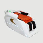 Massage chair with orange and black cushions on a gray floor, Shunlong brand visible.
