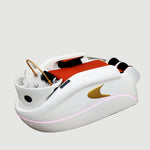 Load image into Gallery viewer, White massage chair with red cushion and gold logo on a gray floor, Shunlong brand visible.
