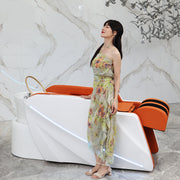 Woman in a floral dress standing next to a modern bathtub.