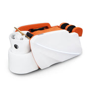White and orange tool with black accents on a white background, featuring.