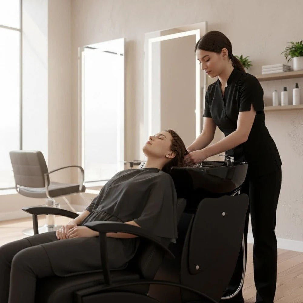 Coolbaby Mall W01 Professional Salon Shampoo Chair Black – Luxury Backwash Unit with Oversized Bowl, Neck Rest & Spray Hose