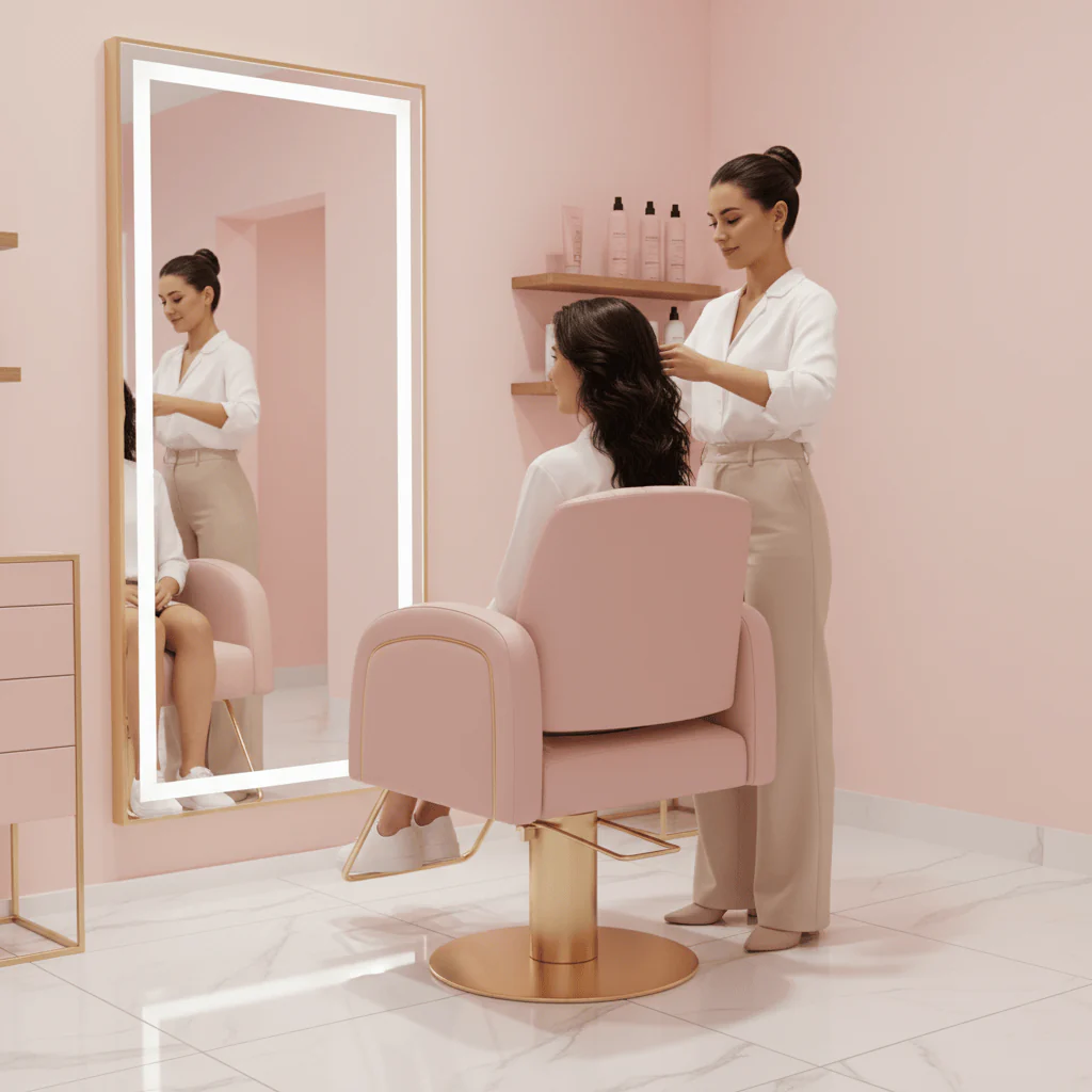 CoolBaby Mall Pink Hairdressing Chair – Luxury Salon Styling Chair with Adjustable Height, 360° Swivel & Gold Base
