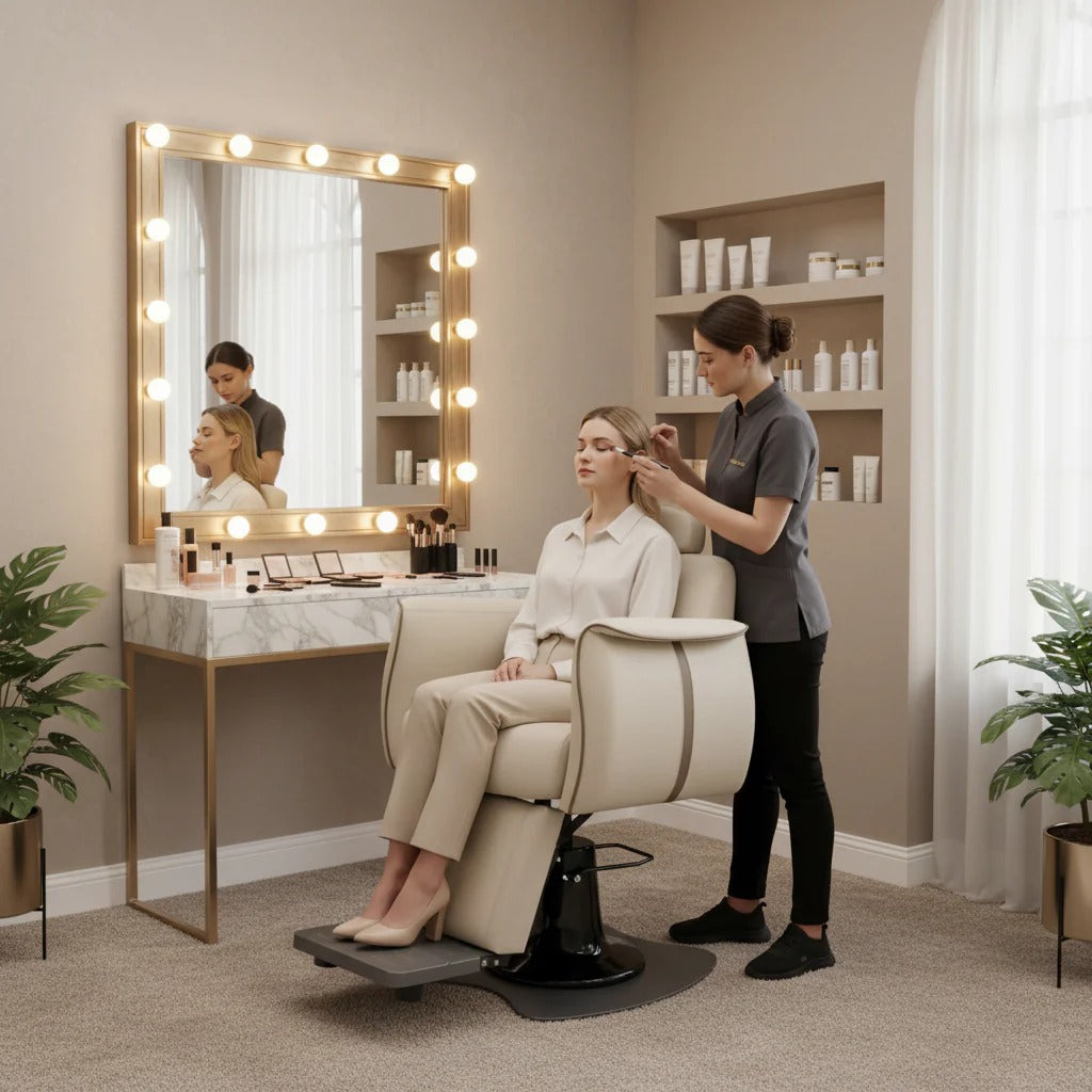 Luxury Beige Hydraulic Salon Spa Makeup Chair TR5304 – Reclining Beauty Styling Chair for Salons