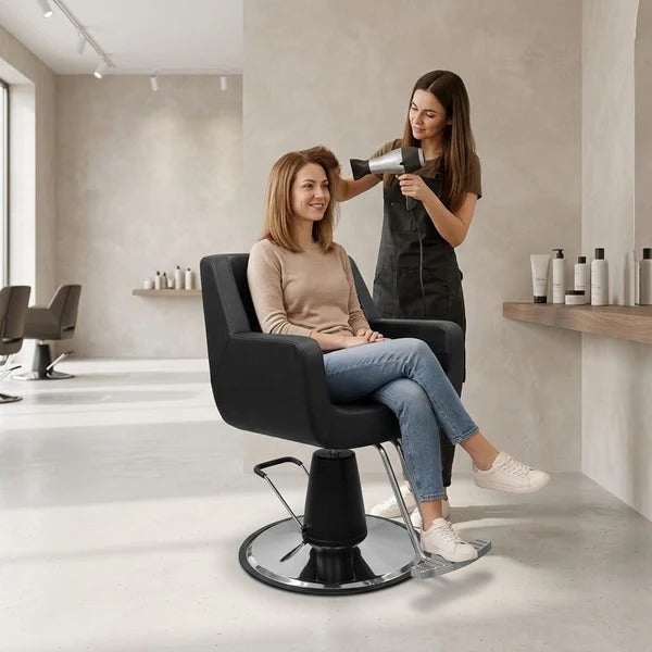 CoolBaby Mall 2028B Black Leather Salon Chair | Professional Styling Chair with Armrests & Stainless Steel Footrest