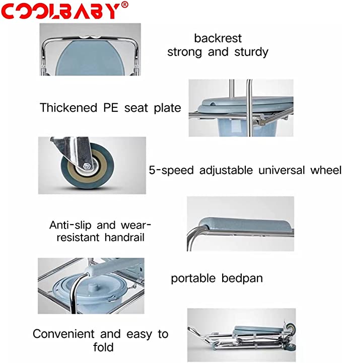 COOLBABY SSZ-ZXC01 Aluminum alloy toilet seat with pulley, multi-function, easy-to-remove mobile bath chair, 5-speed height adjustment - coolbabymalls